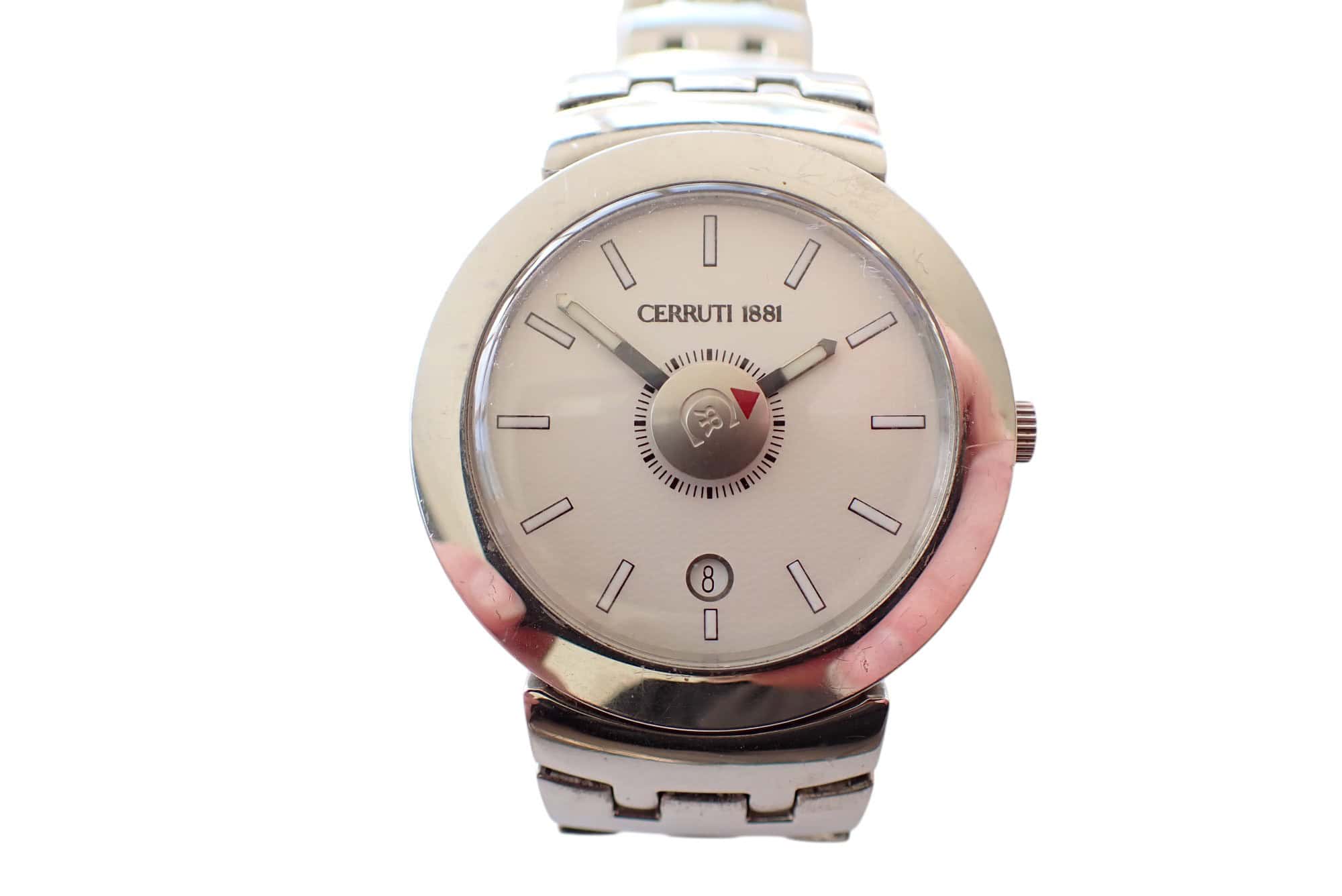 The Cerruti 1881 60215011 Date Ladies' Watch features a silver case, white dial, silver hour markers, and a date display at 6 o’clock, displayed on a white background.