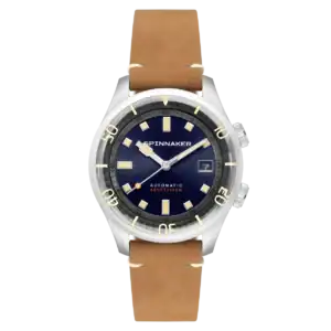 The Spinnaker Bradner Automatic SP-5062-05 features a tan leather strap, silver case, blue dial with yellow hour markers, date display, and “Automatic 600FT/180M” on the face.