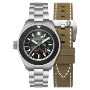 The Spinnaker Piccard Automatic - Corsaire Limited Edition SP-5148-11 wristwatch features a skeleton dial, metal link bracelet, and is shown with an olive green leather strap accented by white stitching and a skull detail on the buckle.