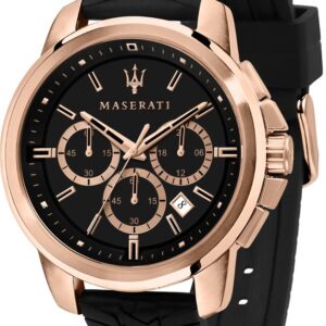 The Maserati Successo R8871621012 features a black dial, rose gold case, three sub-dials, date display, and a textured black silicone strap. The Maserati logo and brand name are shown on the face. Pay later with Klarna.