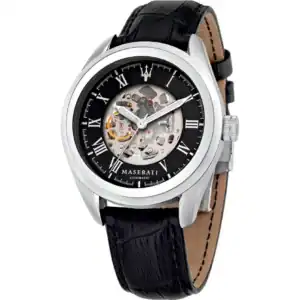 The Maserati Traguardo Automatic Watch (R8821112003) features a black leather strap, silver case, and a skeleton dial, blending style and mechanics. Pay later with Klarna.