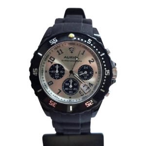 An Auriol Chronograph FES0591 wristwatch in black and silver with a black rubber strap, three sub-dials, and white hour markers is displayed against a white background.