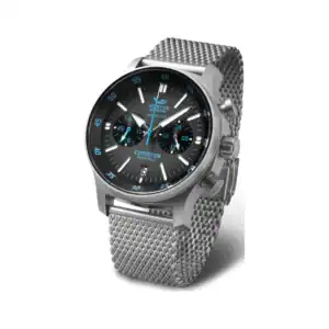 The Vostok Europe Expedition North Pole 1 Chronograph VK64-592A561B features a silver mesh strap, black dial with blue accents, three sub-dials, and "EXPEDITION" in blue, offering a sporty, modern look. Pay later with Klarna.