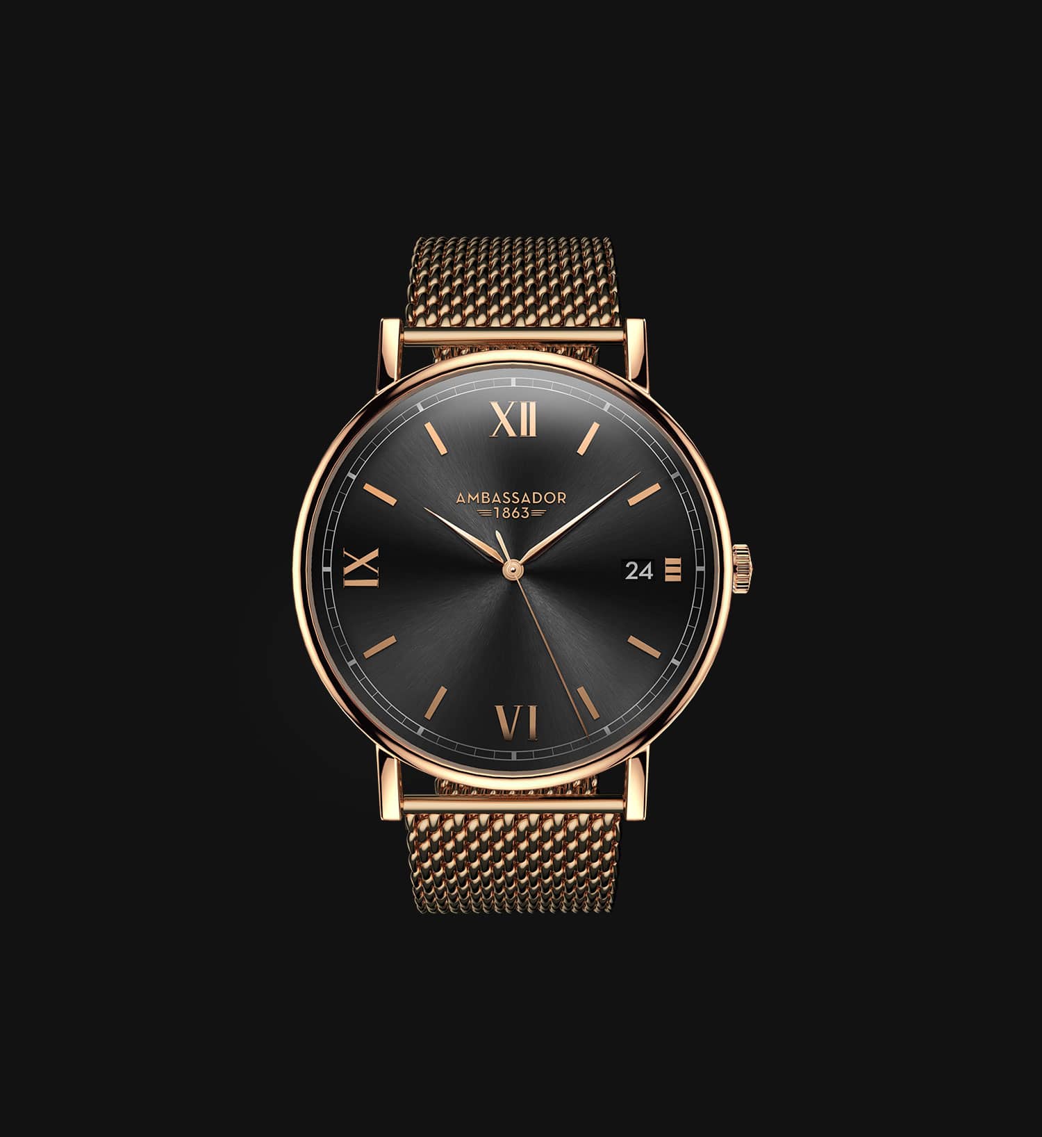A Prime Ambassador Heritage 1863 wristwatch with a gold mesh strap, black face, gold Roman numeral markers, and a date window at 3 o'clock is displayed against a black background with the brand name on the dial.
