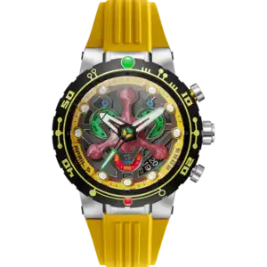 The Nubeo OPPORTUNITY CHRONOGRAPH STAR TREK FIRST CONTACT DAY LIMITED EDITION is a luxury watch with a bright yellow ridged strap, silver bezel with numeric markings, and an intricate mechanical dial showcasing green, red, and yellow accents plus exposed gears.