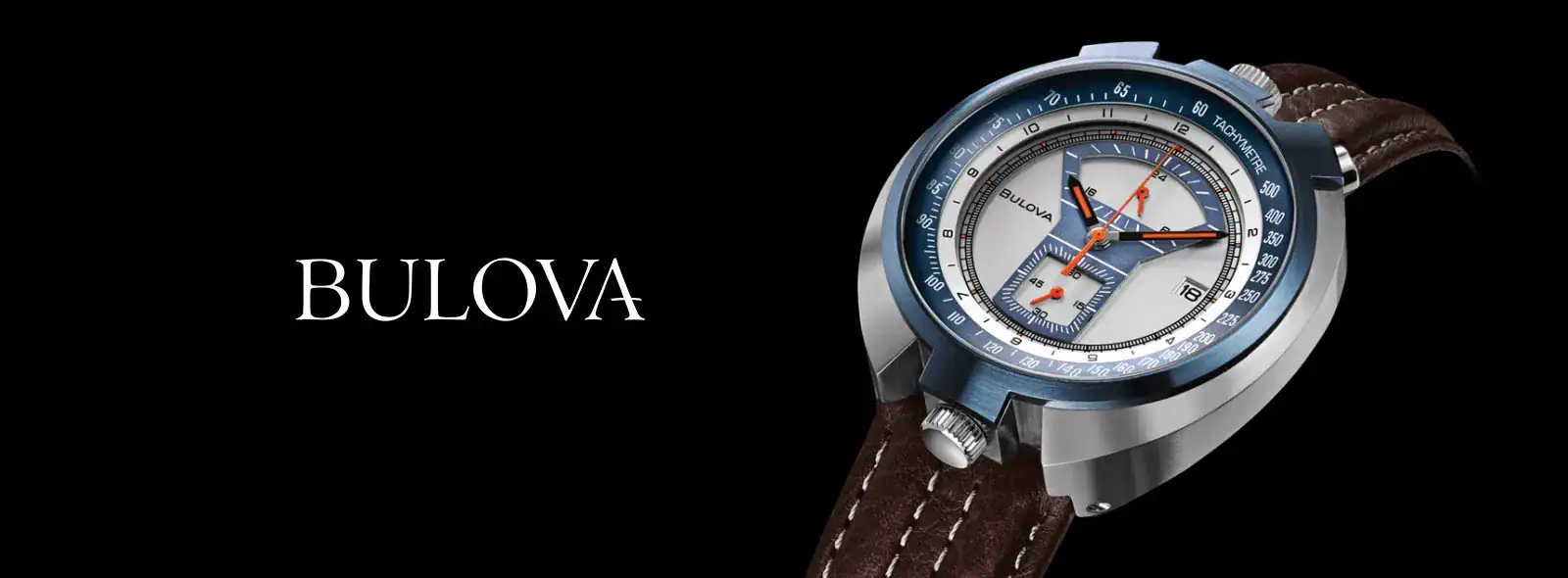 Stealthy luxury watch from Bulova with chronograph and tachymeter features in stainless steel and leather strap.