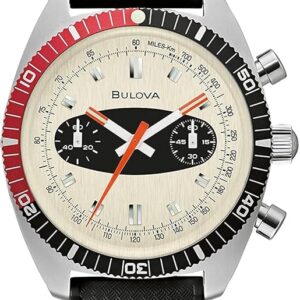 The Bulova 98A525 Surfboard features a cream dial, black/red bezel with minute markings, black sub-dials, silver markers, and a black perforated resin strap. Three silver pushers are on the right. Pay later with Klarna.