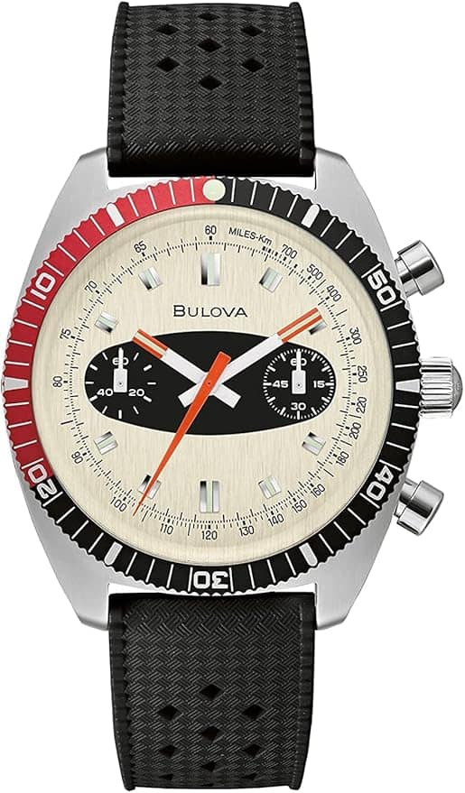 The Bulova 98A525 Surfboard features a cream dial, black/red bezel with minute markings, black sub-dials, silver markers, and a black perforated resin strap. Three silver pushers are on the right. Pay later with Klarna.