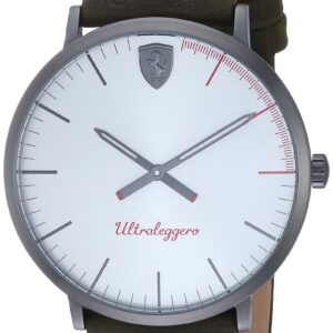 The Ferrari 0830408 ULTRALEGGERO Watch features a minimalist white face, thin black hands and hour markers, a red Ultraleggero label, dark leather strap, badge logo at the top, and red markings between 12 and 2 o’clock.