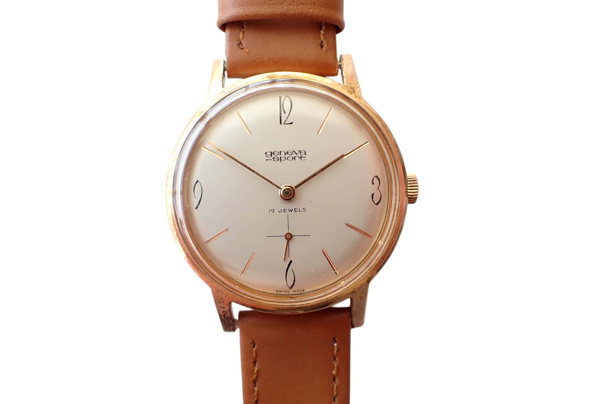 Vintage Geneva Sport men's wristwatch with leather strap and Swiss movement.