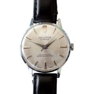 A HALCYON 17 Jewels Hand-Winding Mechanical Wristwatch with a silver dial, silver markers, black leather strap, and "17 JEWELS" and "ANTIMAGNETIC" on the face is displayed against a white background. Very affordable quality.