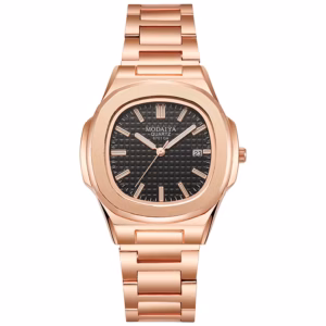 The POEDAGAR® Corsair - Provence Edition Rose Gold and Black features a black textured dial with gold hour markers, a date window, and a rose gold metal link bracelet. The Modaliya Quartz branding is displayed on the watch face.