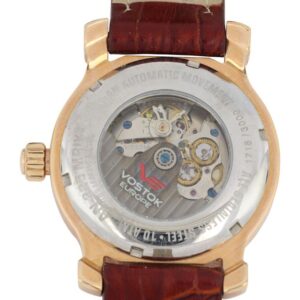 Luxury Vostok Europe automatic watch with visible movement and leather strap.