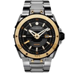 The Nubeo EXPLORER 1 AUTOMATIC Gold Black NB-6014-44 features a silver and gold metal band, black textured dial with gold accents, date display at 3 o'clock, bold modern design, large hour markers, and a prominent crown.