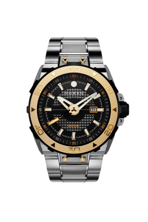 The Nubeo EXPLORER 1 AUTOMATIC Gold Black NB-6014-44 features a silver and gold metal band, black textured dial with gold accents, date display at 3 o'clock, bold modern design, large hour markers, and a prominent crown.