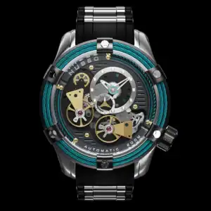 The Nubeo Vanguard Astral Pool NB-6021-05 is a luxury automatic 200M wristwatch with a black and silver strap, skeleton dial displaying exposed gears, blue wiring accents, gold elements, and a modern technical design. Pay later with Klarna.