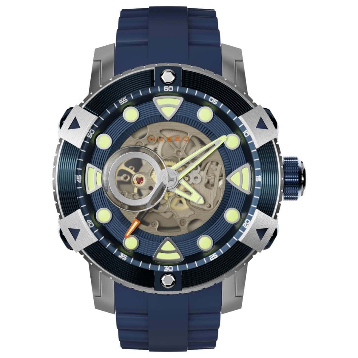 A close-up of the Nubeo Gemini Men's Automatic Watch Midnight Wave NB-6041-0 shows its blue strap, large round face, luminous markers, skeleton dial revealing gears, metallic accents, and bold arrow-shaped hour indicators. Pay later with Klarna.