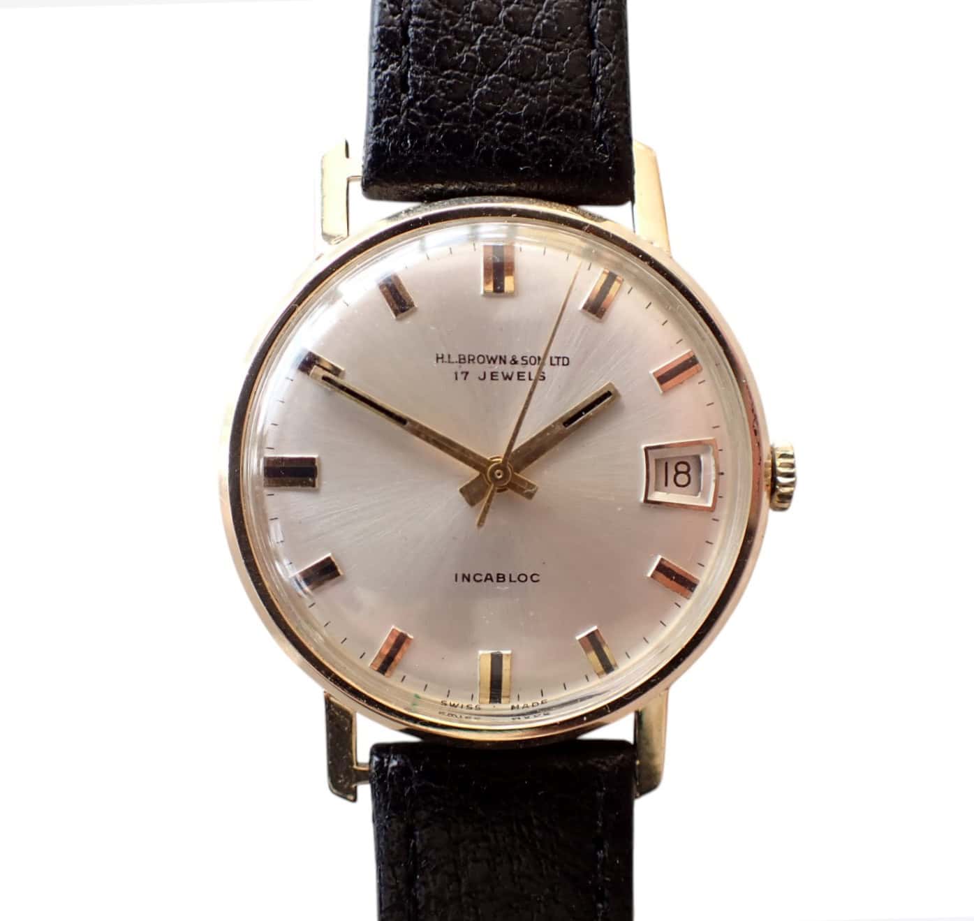Elegant vintage H.L. BROWN & SONS Ltd men's wristwatch with leather strap and date display.