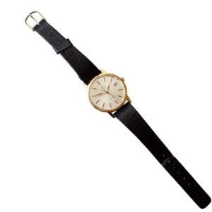 Classic men's wristwatch with gold case and black leather strap, stylish and timeless accessory.