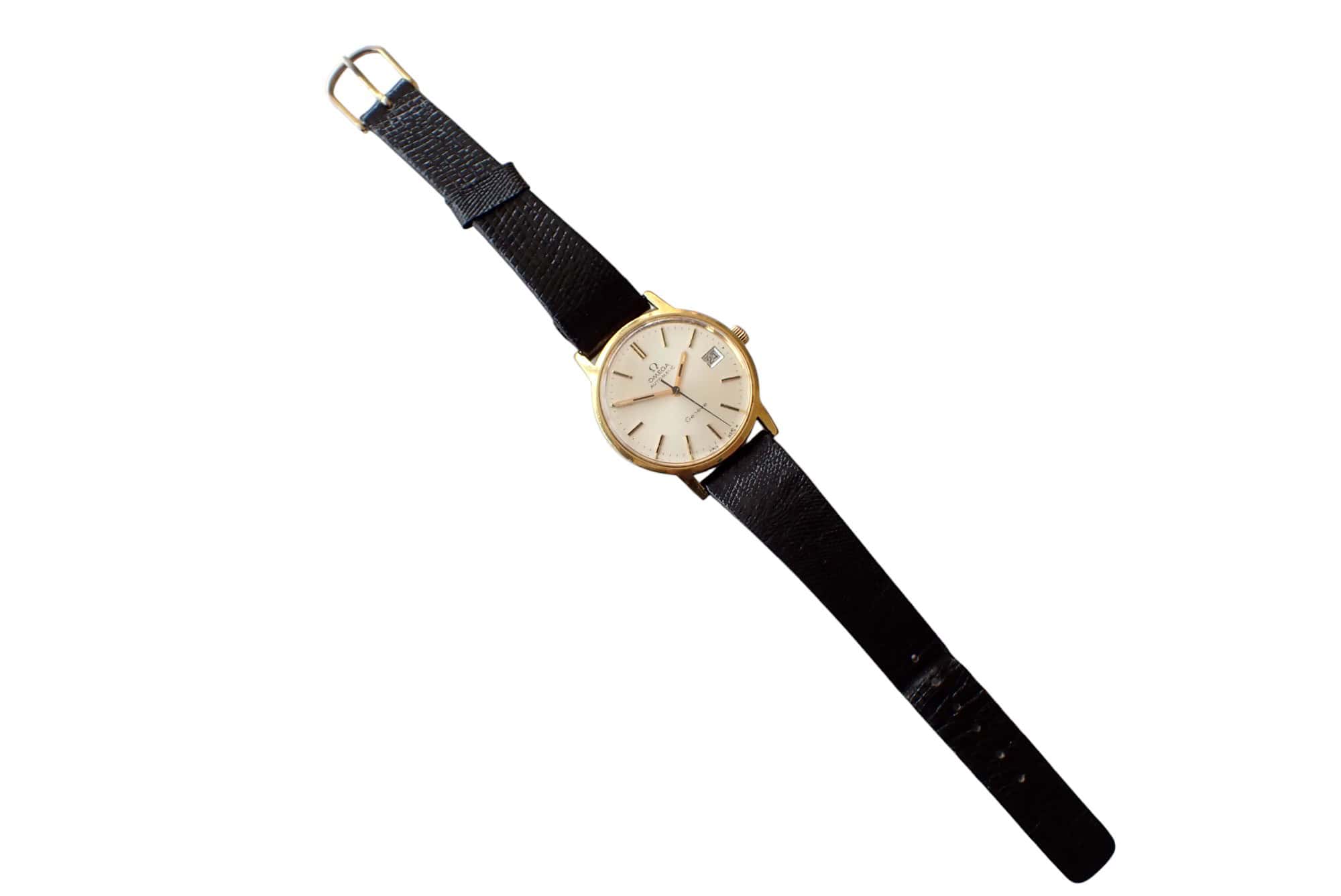 Classic men's wristwatch with gold case and black leather strap, stylish and timeless accessory.