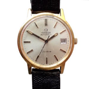 Vintage Omega Genève automatic wristwatch with gold case and black leather strap.