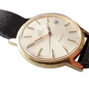 Omega vintage automatic wristwatch with black leather strap and gold-tone case.