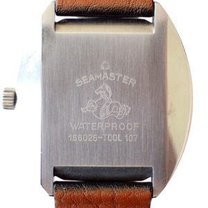 Omega Seamaster waterproof watch back with logo and serial number.