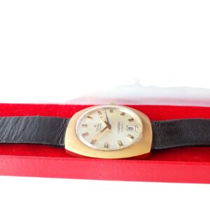 Vintage men's CYMA Conquest automatic wristwatch with black leather strap in red box.