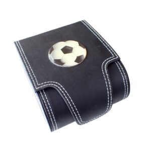 Soccer ball watch case in black leather with white stitching and transparent window.
