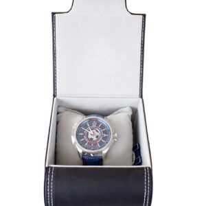 Elegant men's wristwatch in a black leather box with white stitching, Swiss precision and stylish design.