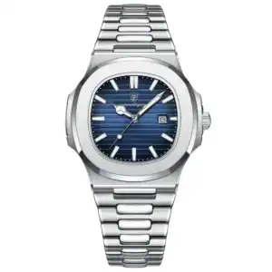 The POEDAGAR® Corsair - Provence Edition features a stainless steel bracelet, blue striped dial, silver hour markers, and a date window at 3 o’clock, shown on a white background.