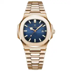 The POEDAGAR® Corsair - Provence Edition Rose Gold and Blue is a luxury wristwatch featuring a blue textured dial, gold markers and hands, date at 3 o’clock, rounded octagonal bezel, and a rose gold metal link bracelet.