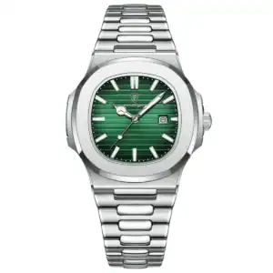 The POEDAGAR® Corsair - Provence Edition is a luxury stainless steel wristwatch with a green textured dial, silver hour markers and hands, a 3 o’clock date window, an integrated metal bracelet, and the brand logo on the face.