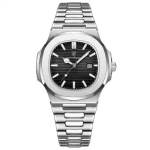The POEDAGAR® Corsair - Provence Edition Stainless Steel and Black features a modern black dial, silver hour markers, date window at 3 o'clock, brushed metal bracelet, and a shield logo at the top for an elegant look.