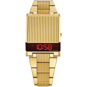 The Bulova Computron 97C110 features a gold rectangular ridged face, red LED display showing 10:32, and a polished segmented gold strap. Pay later with Klarna.