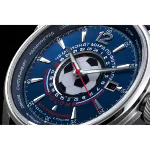Chronograph watch with football-themed dial showcasing Russian text and sports elements.