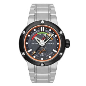 The Nubeo Mars Automatic NB-6028-11 Ltd Edition (£1299) features a stainless steel case, black bezel, orange accents, a multi-coloured dial with "Power Reserve" and "Limited Edition," and white, orange, and green hands. Pay later with Klarna.