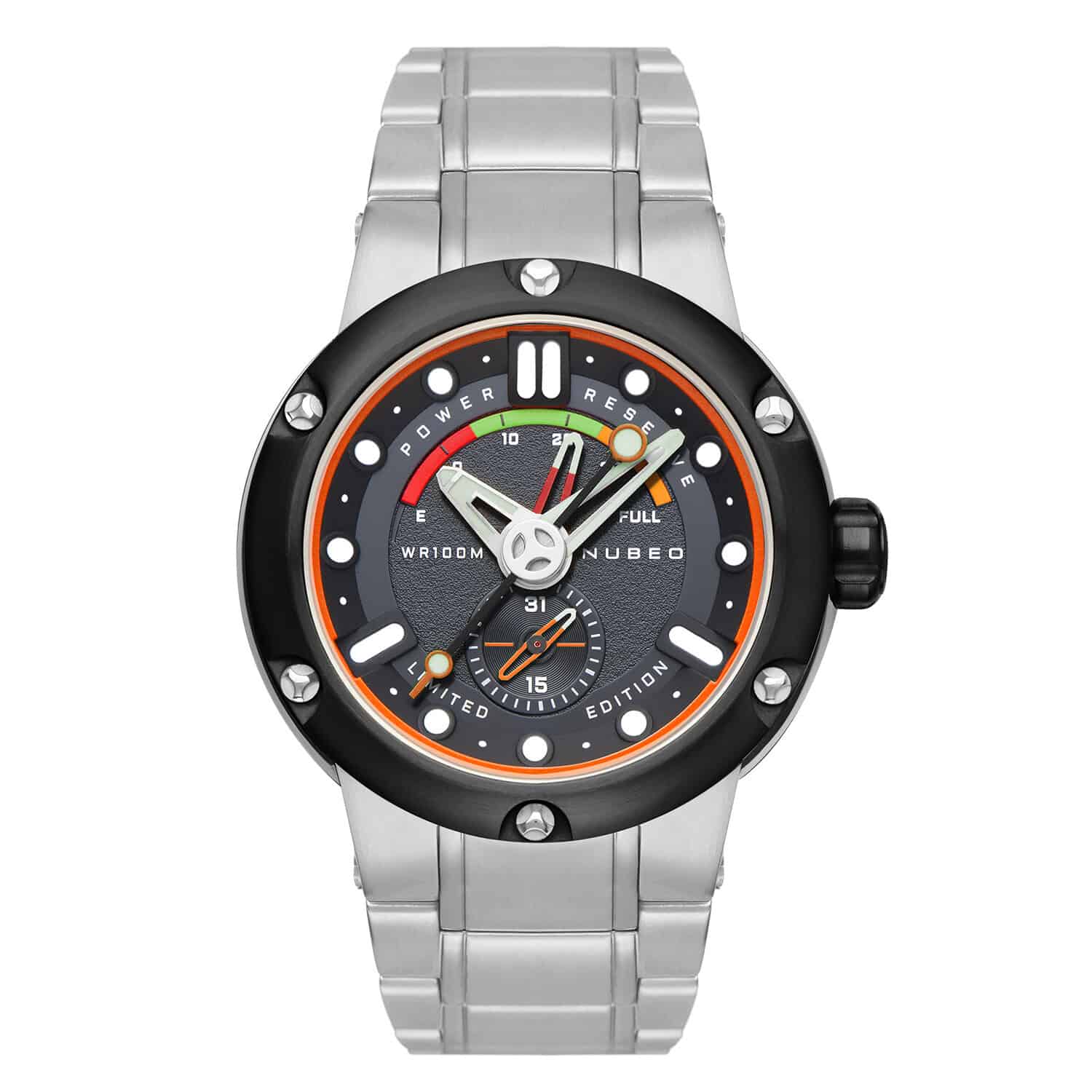 The Nubeo Mars Automatic NB-6028-11 Ltd Edition (£1299) features a stainless steel case, black bezel, orange accents, a multi-coloured dial with "Power Reserve" and "Limited Edition," and white, orange, and green hands. Pay later with Klarna.