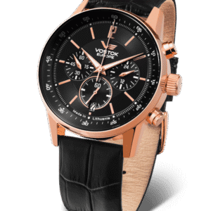 The Vostok Europe Gaz-14 Limousine VK63-560B689 Watch features a black leather strap, rose gold case, black dial with multiple sub-dials, silver hour markers, and is made in Lithuania. Pay later with KLARNA.