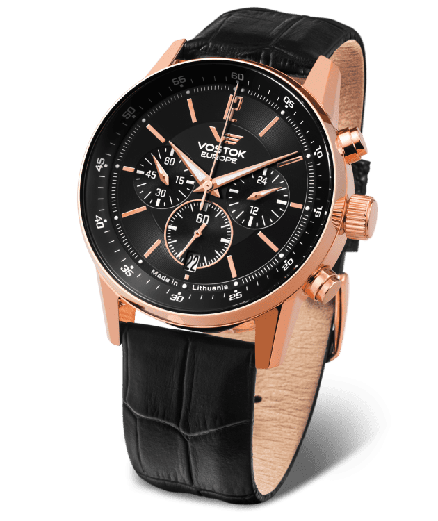 The Vostok Europe Gaz-14 Limousine VK63-560B689 Watch features a black leather strap, rose gold case, black dial with multiple sub-dials, silver hour markers, and is made in Lithuania. Pay later with KLARNA.