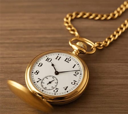 A gold pocket watch with a white face, black numerals, and a small seconds dial sits on a wooden surface. The watch is attached to a gold chain, and its cover is partially open.