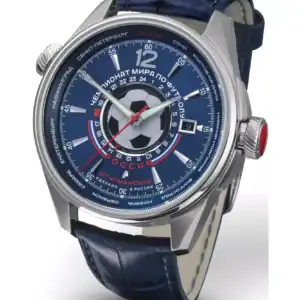 Sportswatch with football-themed dial and Russian text, stainless steel case, blue leather strap.