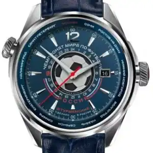 Luxurious Russian-themed men's wristwatch with blue dial and leather strap.