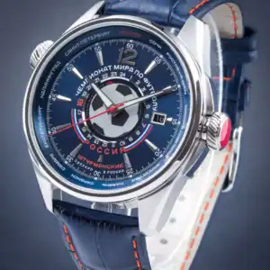 Elegant Russian sports watch with football-themed dial and blue leather strap - The Watchaholic.