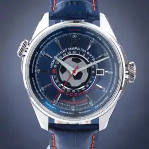 High-quality soccer-themed wristwatch with Russian text and football design elements for sports enthusiasts.