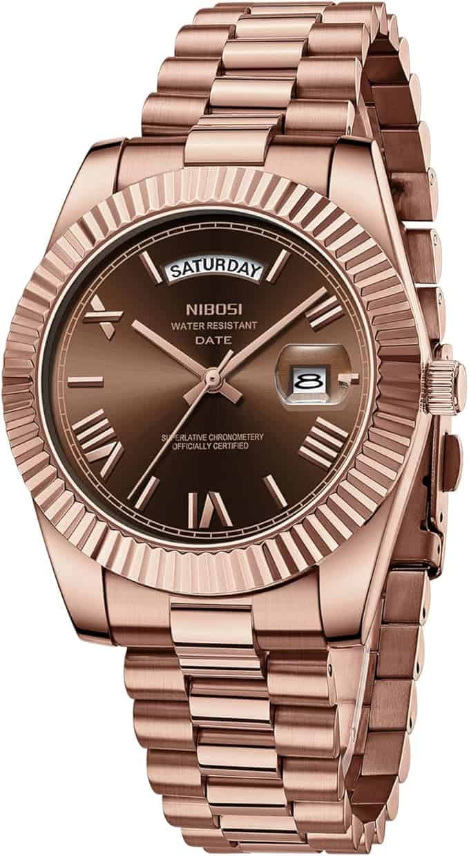 Nibosi Classic Day Date Watch 2628 Rose Gold and Brown Face - Image 3