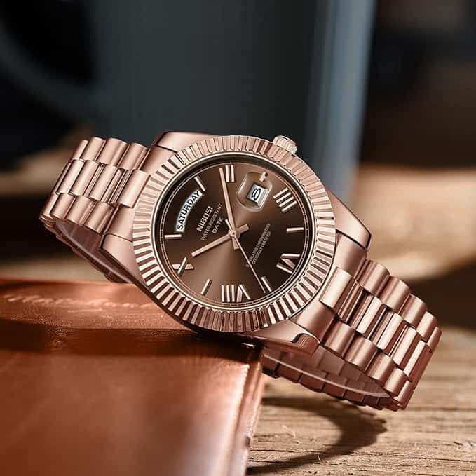 Nibosi Classic Day Date Watch 2628 Rose Gold and Brown Face - Image 2