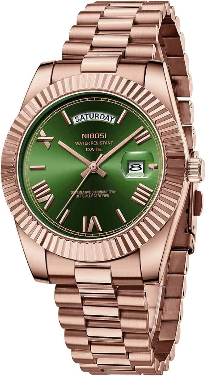 Nibosi Classic Day Date Watch  2628 Rose Gold and Green Face - Image 2