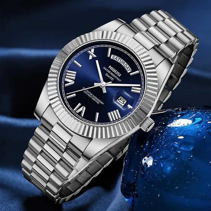 Nibosi Classic Day Date Watch 2628 Steel and Midnight Blue Face - Image 4