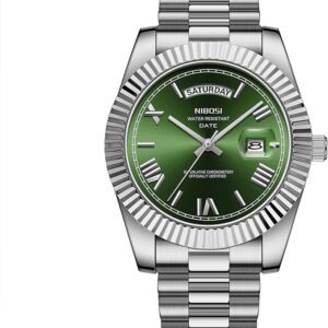 The Nibosi Classic Day Date Watch 2628 features a silver metallic strap, green dial with Roman numerals, date and day display, and displays "NIBOSI" and "Water Resistant" on the face.